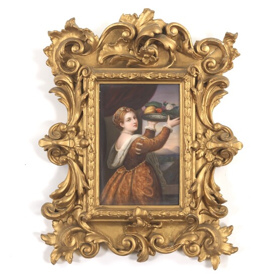 Painted Porcelain Plaque of a Woman with a Fruit Dish