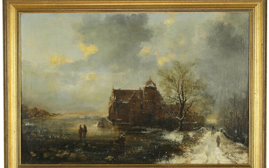 Paintings, engravings, etc. - Dutch School: winter landscape with skating figures around a castle, marouflé, unclearly signed and dated 1873 - 35 x 52 cm