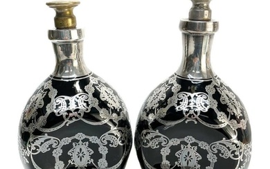 Pair American Sterling Silver Overlay Black Opaque Glass Decanters, circa 1920