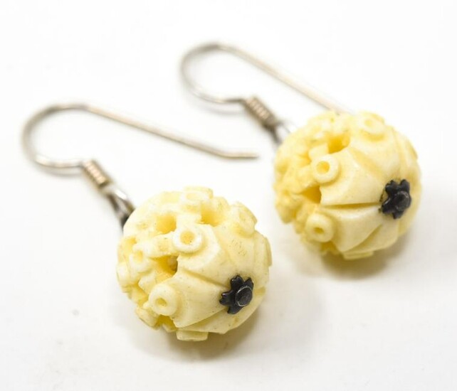 Pair Hand Carved Bone Chinese Puzzle Ball Earrings