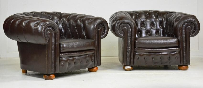 Pair Leather Button Tufted Club Chairs