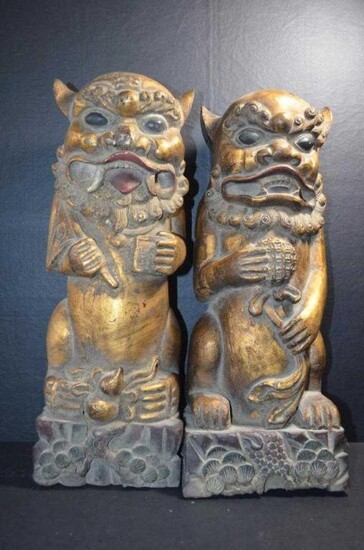 Pair Of 19th C. Chinese Carved Gilt Wood Foodog