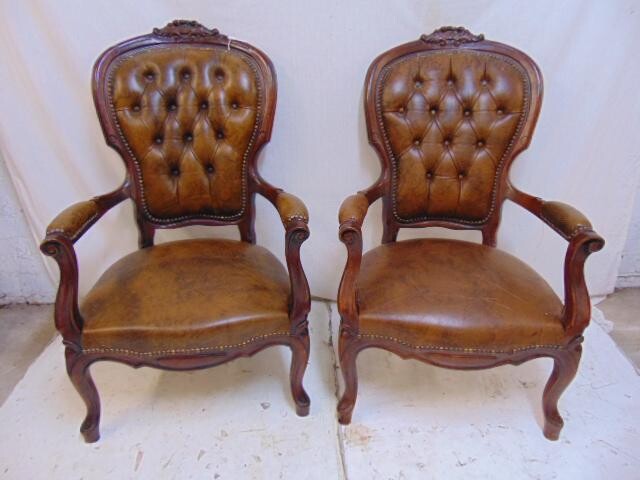 Pair Victorian style arm chairs with vinyl seat &