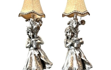 Pair of Antique Figural Silvered Lamps on Marble Base