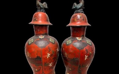 Pair of Berlin Faience Red Lacquered Vases with Cockerel covers c1840 Enamel