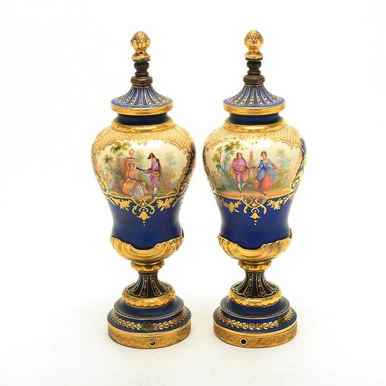 Pair of Dresden Porcelain Urns with Matte Blue Ground.