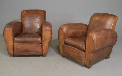 Pair of French Brown Leather Club Chairs