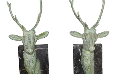 Pair of French verdigris bronze deer head wall mount sculptures