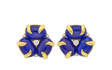 Pair of Gold, Lapis and Diamond Flower Earclips