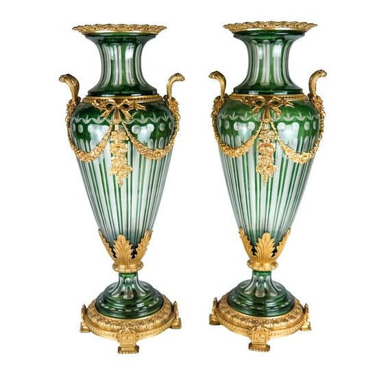 Pair of Green Crystal Vases