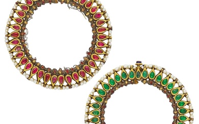Pair of Indian Gold, Seed Pearl, Foil-Backed Emerald, Ruby, Diamond and Enamel Bracelets