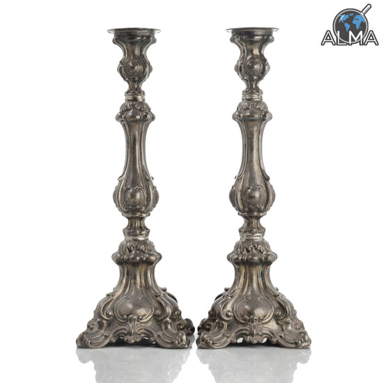 Pair of Sterling Silver Candlesticks Decorated w/ Embossing