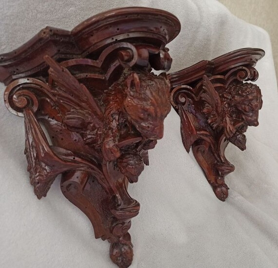 Pair of carved wooden shelves (lion and lioness), 19th century