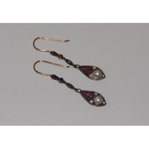 Pair of drop earrings set with rubies, diamonds and pearls, ...