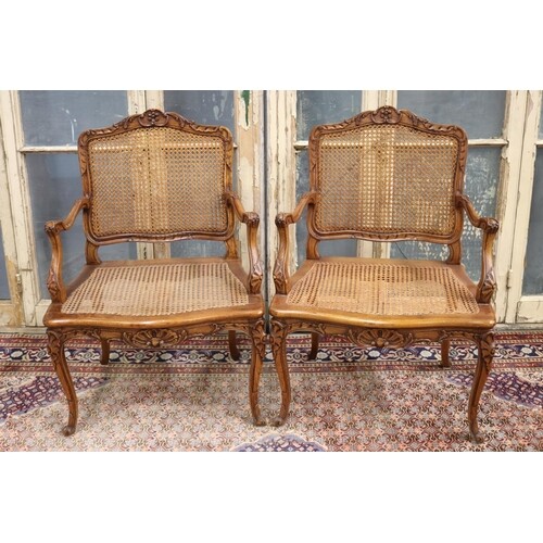 Pair of fine antique French Louis XV style armchairs, cane b...
