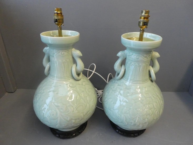 Pair of green Oriental style celadon vases fitted as lamps ...