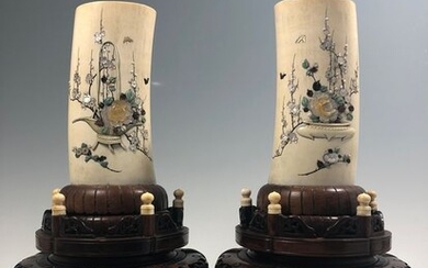 Pair of ivory vases with Shibayama inlay - Elephant ivory, Wood - Signed Masayuki 正之 in reserve - Japan - Meiji period (1868-1912)