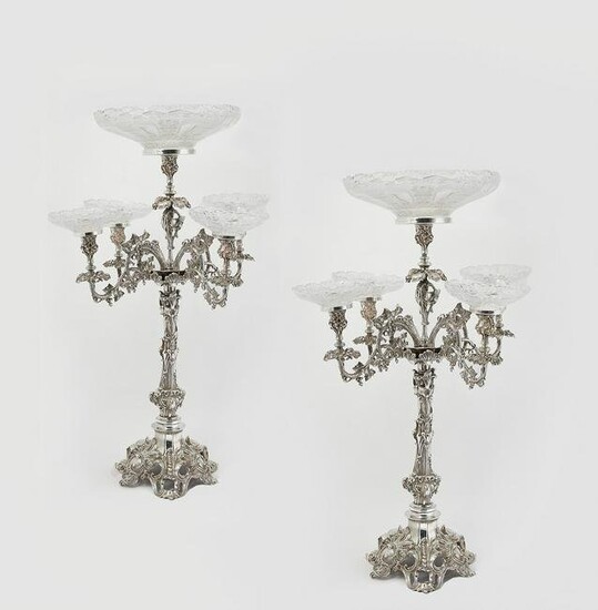 Pair of silverplate five arm candelabra/epergnes