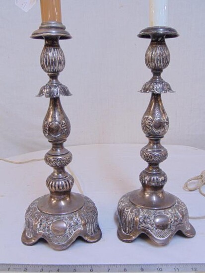 Pair sterling silver candlesticks, electrified