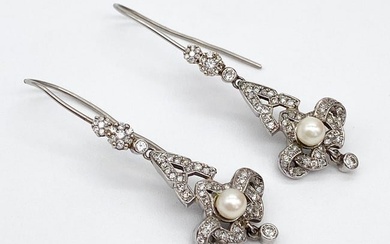 Pearl And Diamond Dangle Earrings, 14k Wg