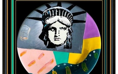 Peter Max Original Acrylic Painting Glazed Ceramic Plate Signed Liberty Head Art