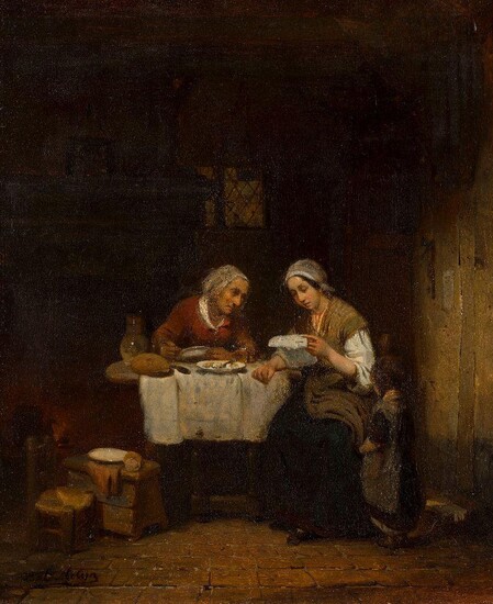 Petrus Marius Molijn, Dutch 1819-1849- Two woman at the supper table, one reading a letter, a child standing nearby; oil on panel, signed 'P M Molijn' (lower left), 40 x 33.8 cm. Provenance: Private Collection, UK.