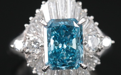 Platinum 3.53 CTW Diamond Ring with (Origin Undetermined) Vivid Blue Center
