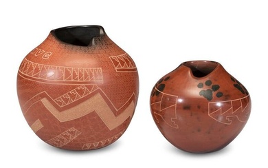 Polly Rose Folwell (Santa Clara, b. 1962) Pair of Redware Sgraffito Pottery Jars
