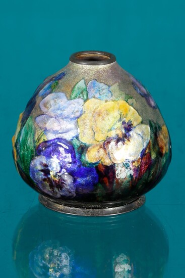 Polychrome enamel vase with floral decoration signed "C. Fauré Limoges"...