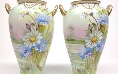 Pr of Nippon Floral Daisy Landscape Vases