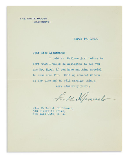 ROOSEVELT, FRANKLIN D. Typed Letter Signed, as President, to Esther J. Lichtmann, agreeing...