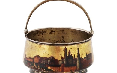 RUSSIAN GILT SILVER LACQUER PICTORIAL CANDY BOWL