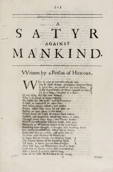 [Rochester (John Wilmot, 2nd Earl of)] A Satyr against Mankind, rare first edition, [London], no printer, 1679.