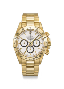 Rolex. A very fine and rare 18K gold automatic chronograph wristwatch with bracelet, SIGNED ROLEX, OYSTER PERPETUAL, COSMOGRAPH, DAYTONA, REF. 16528, CASE NO. T259123, CIRCA 1996