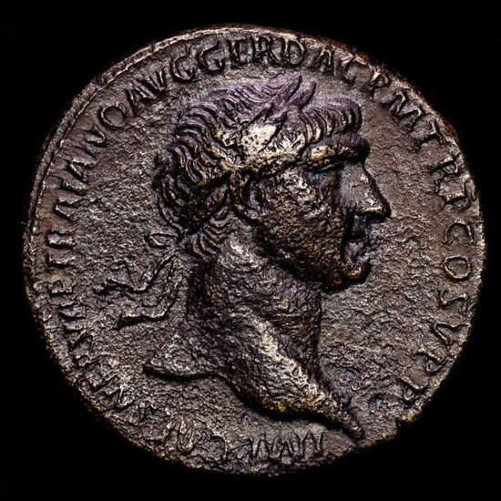 Roman Empire. Trajan (AD 98-117). Æ Sestertius,Rome AD 104-107 - SPQR OPTIMO PRINCIPI, Pax standing to left, holding olive branch and cornucopiae.