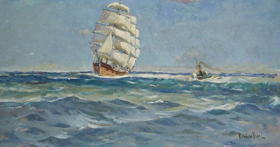 Rowland Fisher RA RMSA ROI, British 1885-1969 - Boats at sea; oil on board, signed lower right 'Rowland Fisher', 50.2 x 92 cm (ARR)