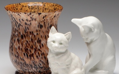 Royal Copenhagen and Hutschenreuther Porcelain Cat Figurines with Art Glass Vase