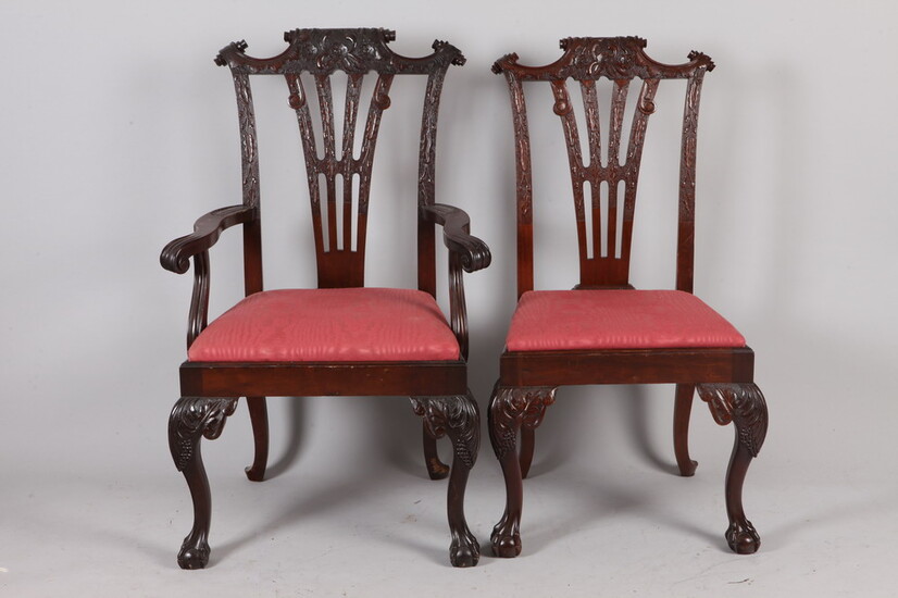 SET TEN CHIPPENDALE STYLE CARVED MAHOGANY DINING CHAIRS. 19th century....