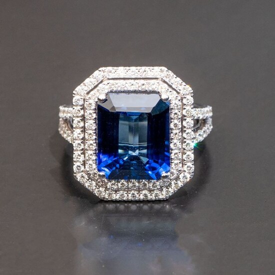 Sapphire Ring with Diamonds - 14 kt. White gold - Ring - 7.56 ct Sapphire - 1.08ct Diamonds D VVS