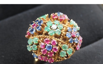 Sapphire Ruby Emerald and Diamond Set Bombe Ring Mounted in ...