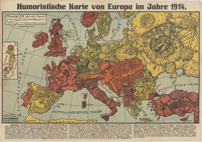 Satirical Map of Europe at Start of World War I, "Humoristische Karte von Europa im Jahre 1914", Leutert & Schneiderwind