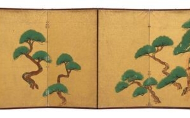 Screen - Gold, Paper, Silver, Wood - Very decorative 8 panel screen with a continuous painting of pine trees - Japan - Meiji period (1868-1912)