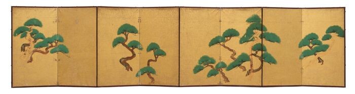 Screen - Gold, Paper, Silver, Wood - Very decorative 8 panel screen with a continuous painting of pine trees - Japan - Meiji period (1868-1912)