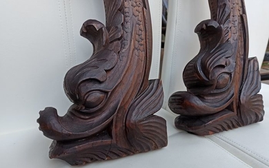 Sculpture, shelf, carved dolphins, hand carved, animal print (2) - Wood - ca. 1900