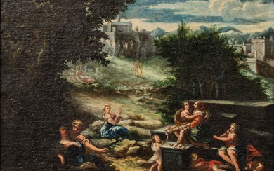 Scuola emiliana (XVII) - Paesaggio agreste con scene galanti