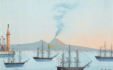 Scuola napoletana del secolo XIX - XX Marina napoletana con�� barche e Vesuvio