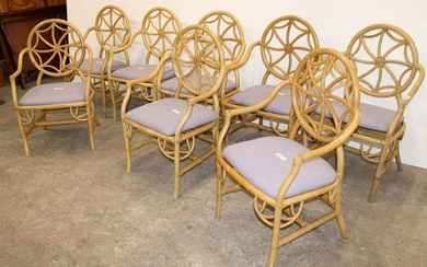 Set of 8 rattan medallion back chairs with cushions, 2 cushions do not match