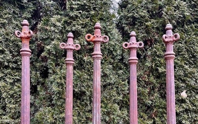 Set of Five French 19th C Cast Iron Bollards with Chains and Rosettes