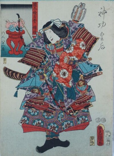 Set of six prints: an angry woman and man (24.2x34.5 cm); Utagawa Kunisada, known as Toyokuni III (1786-1865), a samurai with a rich kimono and medallion jewelry (17.5x24.5 cm); Utagawa Kunisada, known as Toyokuni III (1786-1865), a richly adorned...