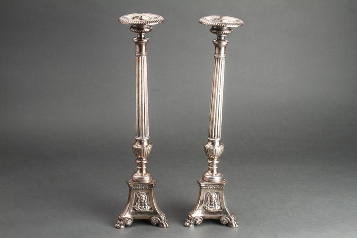 Silver-Plate Ecclesiastical Candlesticks, Pair